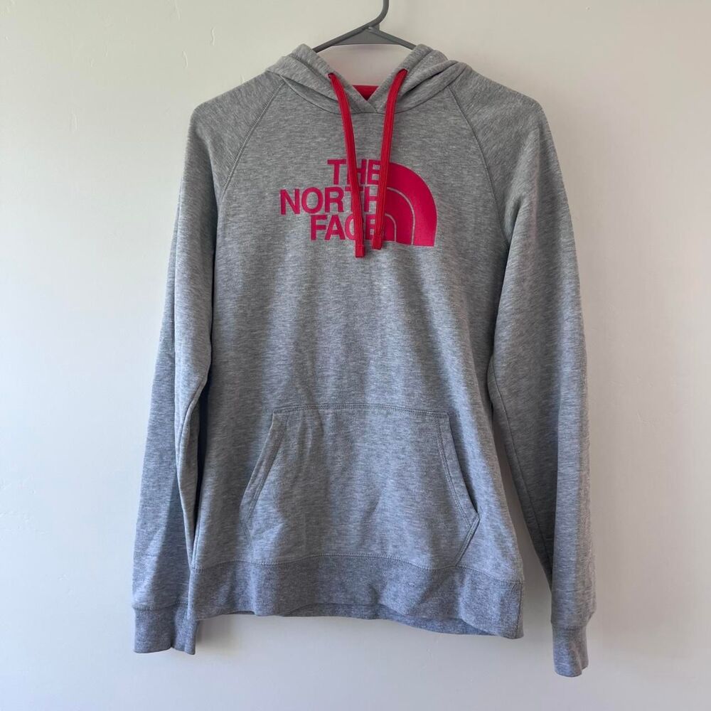 The North Face Women's Medium Hoodie Sweatshirt Gray Pink Logo Fleece Pullover
